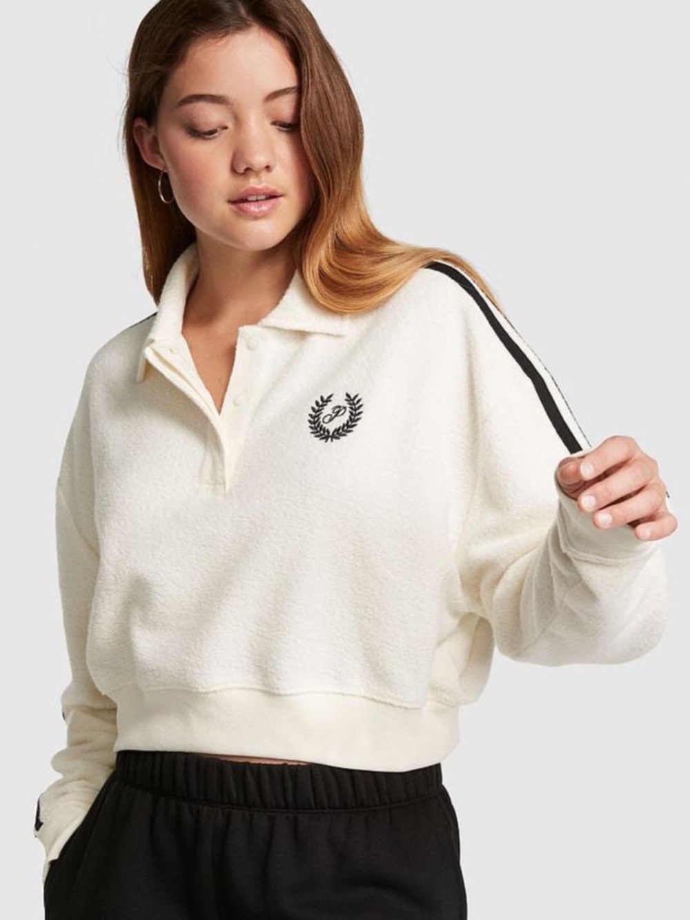 VS PINK Reverse Fleece Cropped Polo Sweatshirt